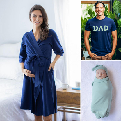 Navy Robe & Sage Newborn Swaddle Blanket Set & Dad Navy T-Shirt with Sage Text