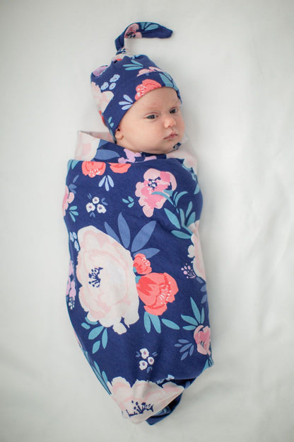 Navy Robe & Annabelle Newborn Swaddle Blanket Set