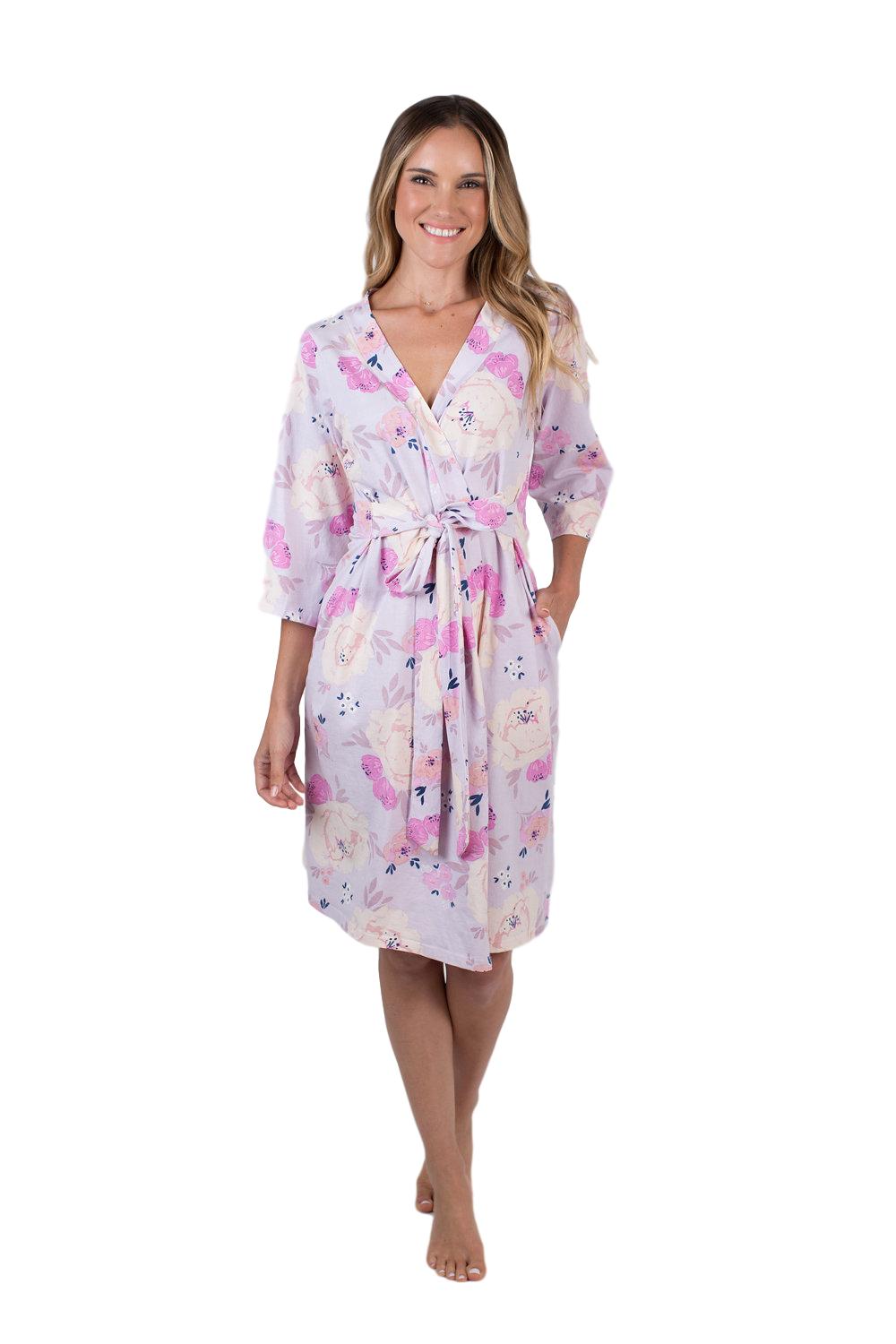 Purple, pink, and cream flowered print. Anais is the print for you! Pack your hospital bag or give the perfect gift for mom with this hospital robe. 3/4 sleeve length for easy IV access, belt tie for comfortable closure, and knee length for full coverage.
