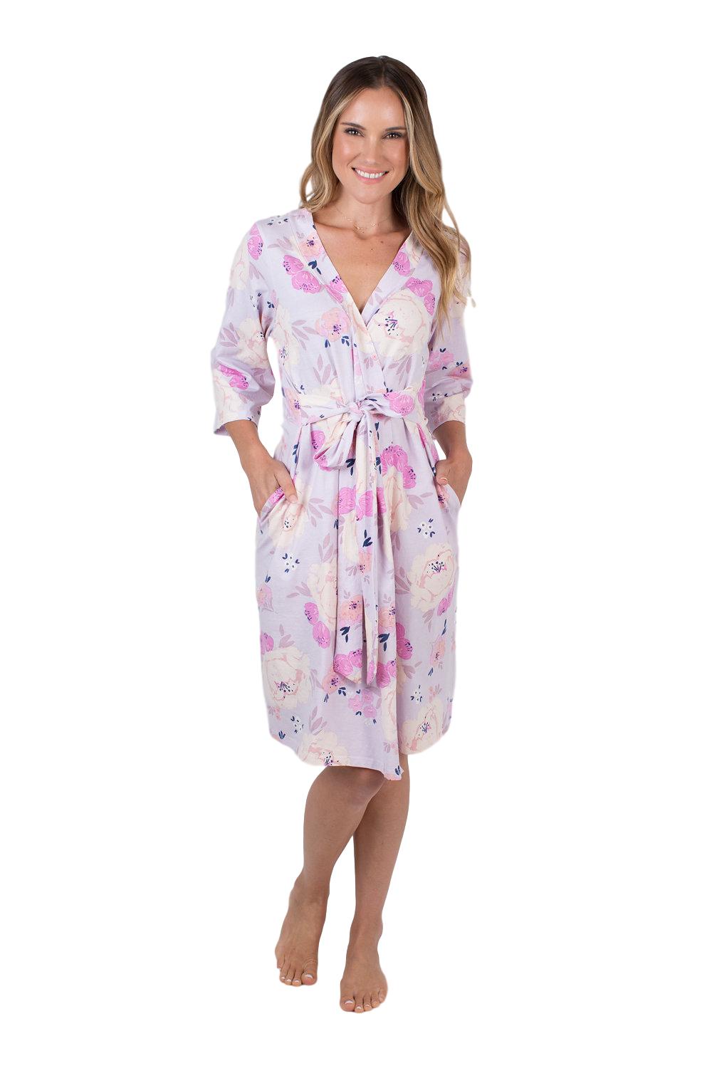 Anais purple and pink printed robe. Match with daughter for spa day with mom. Anais is a dainty, purple and pink flowered print. Knee length, 3/4 sleeve length.