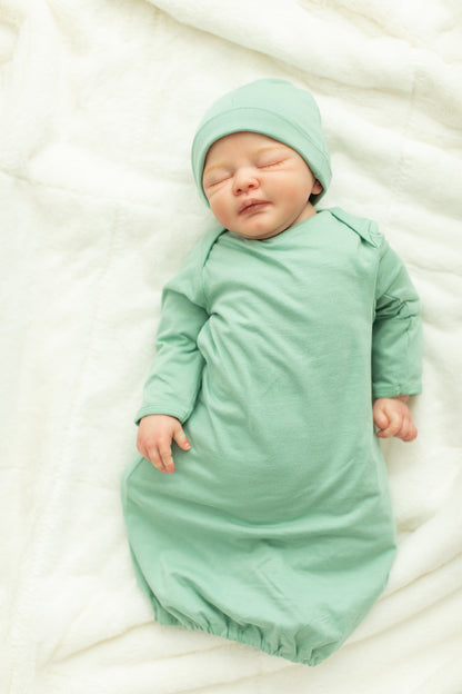 Sage Green Newborn Receiving Gown & Hat Set