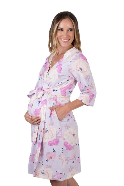Anais purple and pink printed robe. Match with daughter for spa day with mom. Anais is a dainty, purple and pink flowered print. Knee length, 3/4 sleeve length.