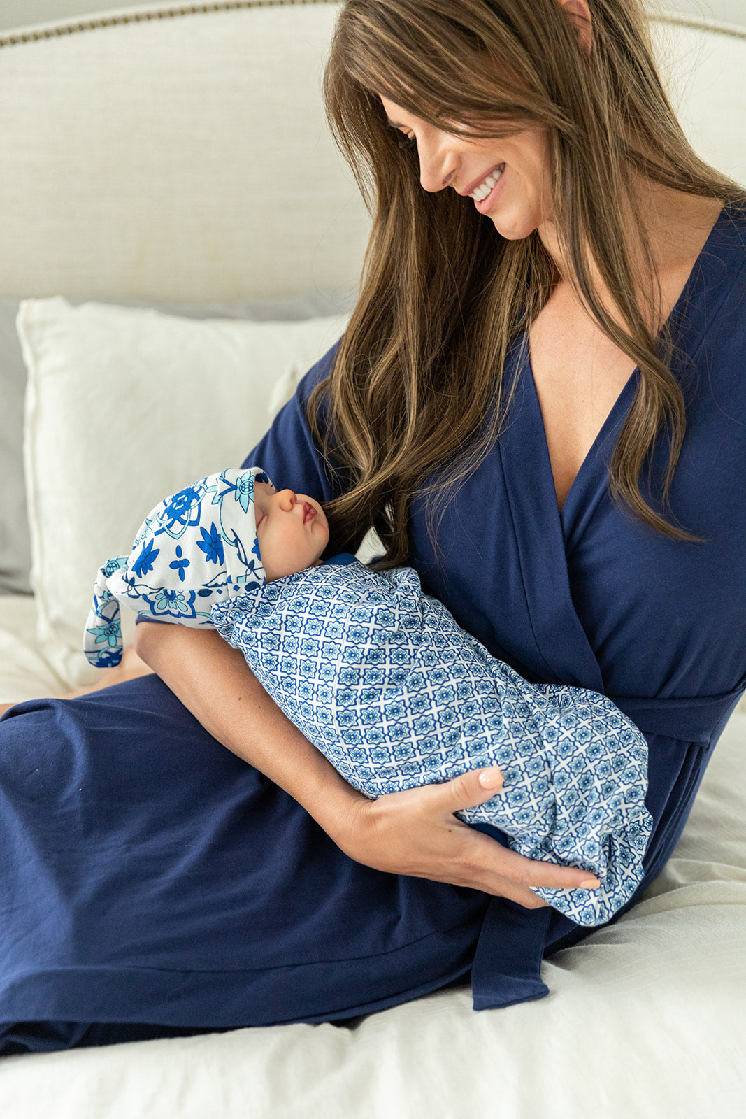 Navy Robe & Ophelia Reversiblele Newborn Swaddle Blanket Set