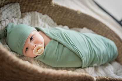 Sage Stripe Robe & Sage Newborn Swaddle Blanket Set