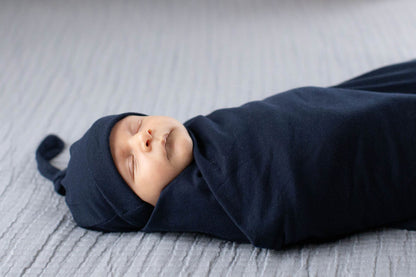 Blue Gingham Robe & Navy Newborn Swaddle Blanket Set