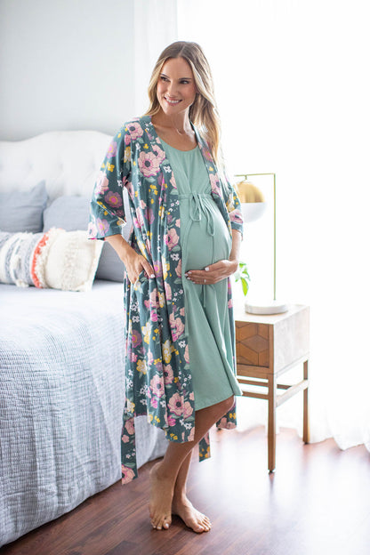 Charlotte maternity robe and Sage labor gown. Perfect outfit for labor and delivery. Pink, yellow, and white flowers against a deep green background with a Sage labor gown to coordinate.
